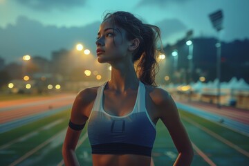 Wall Mural - Female athlete on a running track at dusk looks confident and ready to race