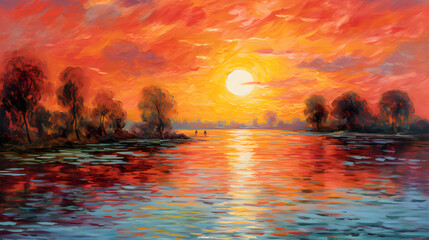 Wall Mural - day time lakside landscape oil painting abstract decorative painting