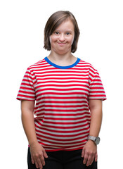 Sticker - Young adult woman with down syndrome over isolated background with a happy and cool smile on face. Lucky person.