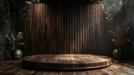 Wall Mural - Dark walnut wood podium providing a sophisticated setting for premium brands 