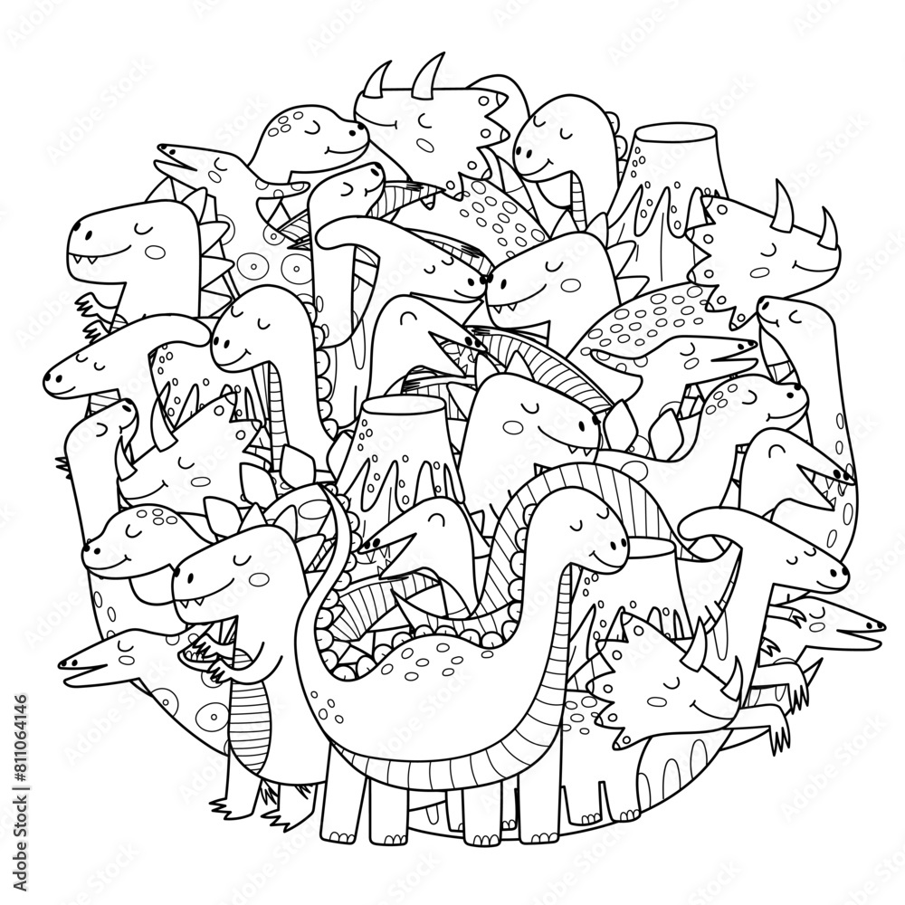  Cute dinosaurs mandala for kids. Doodle dino characters circle shape Bildidee 