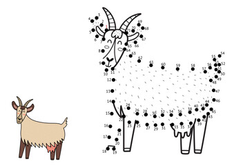 Sticker - Dot to dot game for kids. Connect the dots and draw a cute goat. Farm animal puzzle activity page. Vector illustration