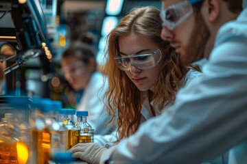 Poster - Two focused scientists work on experiments with various lab equipment in a modern laboratory