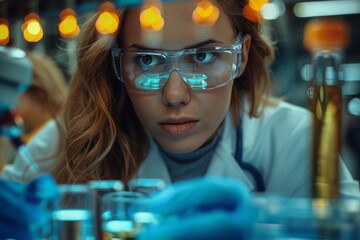 Poster - Professional female scientist intently studies a sample in a lab