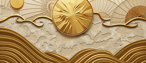 Aufkleber - An abstract Japanese pattern modern on a gold geometric background with ribbon elements.