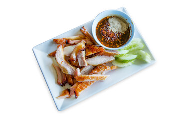 Wall Mural - Top view of Thai Grilled Pork Neck with Spicy Dipping Sauce, focus selective