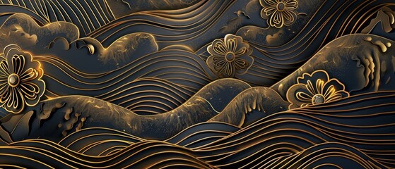 Sticker - Modern pattern with gold line and flower elements in the shape of a Japanese wave.