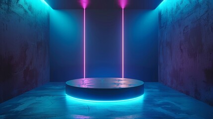 Poster - Glowing neon lighting on an abstract shiny silver cylinder pedestal podium. A futuristic minimal wall scene with a futuristic geometric shape.