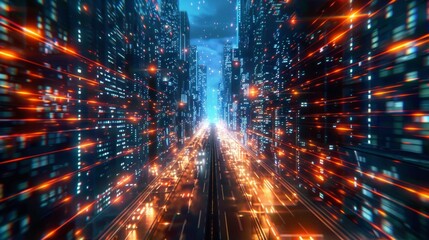 Leinwandbilder - The rendering shows warp speed in a hyper loop with blur light from buildings in a megacity at night. It represents next generation technology, fin tech, big data, 5G fast networks, and machine