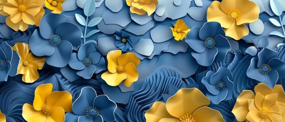 Poster - Flower pattern modern in blue and yellow.