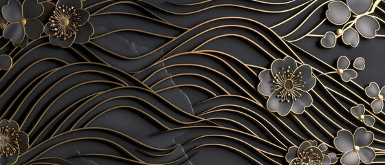 Wall Mural - Modern floral ornament with gold line and geometric background. Wave pattern.