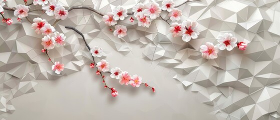 Sticker - Modern background with cherry blossom and geometric pattern.