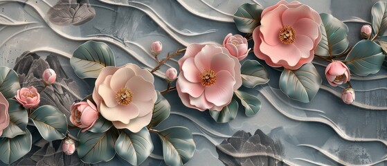 Wall Mural - A modern background with Japanese pattern featuring a camellia flower design with geometric elements. A brush stroke decoration with a vintage flair.