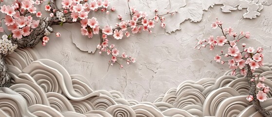 Leinwandbilder - A seamless modern of a cherry blossom pattern with a bonsai background.