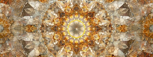 Poster - A symmetrical kaleidoscope pattern featuring geometric shapes and warm color tones creates an abstract visual.