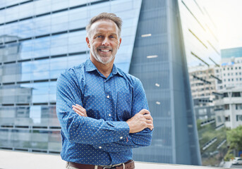 Poster - Business man, portrait and executive of call center with confidence, leader and happy on office balcony. Manager, professional worker and entrepreneur of person in New York city, mature and working