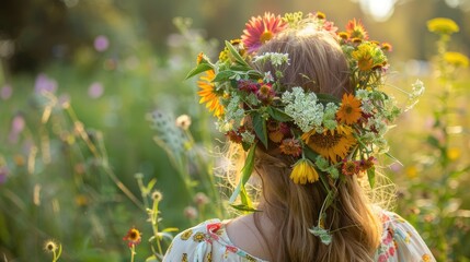 Sticker - Embracing a bouquet of wild meadow flowers against a serene natural backdrop creating a floral crown that symbolizes the vibrant spirit of Summer Solstice Day This enchanting tradition inte