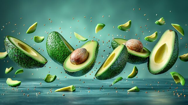   A group of sliced avocados flying in the air with seeds