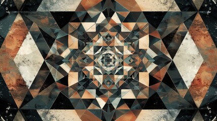 Poster - A symmetrical geometric artwork featuring a complex pattern of triangles and polygons in shades of brown and grey.