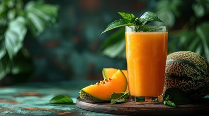 Wall Mural -   A glass of orange juice and a cantaloupe on a table