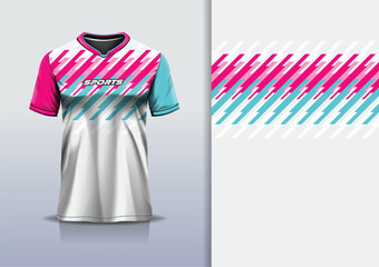 Poster - T-shirt mockup with abstract stripe line sport jersey design for football, soccer, racing, esports, running, in white pink blue color