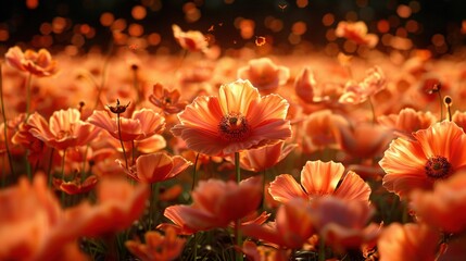Canvas Print -  A vibrant orange field surrounds a central bee hovering above an in-focus flower, while the background remains out of focus