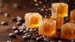   A mound of sugar cubes atop a mound of coffee grounds with adjacent mounds of sugar cubes