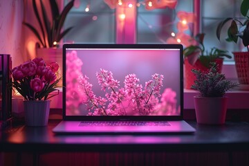 Poster - A laptop computer is open to a screen displaying a pink flower garden
