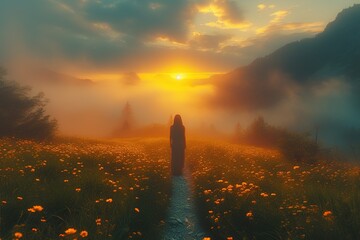 Poster - A woman stands in a field of flowers, looking out at the sun as it sets