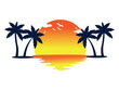 sunset palm coconut tree on beach Orange sunset vector logo design, 
