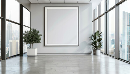 A large white wall with a black frame and a city view in the background by AI generated image