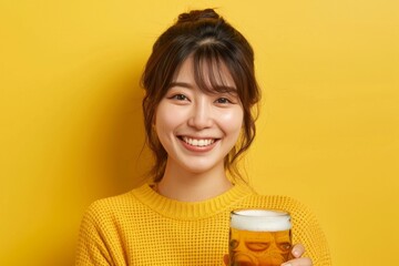 Wall Mural - ビールを持つ笑顔の日本人女性（飲み会・女子会・乾杯・お酒・モデル）