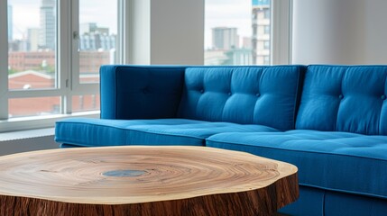 Close up of modern living room featuring live edge wooden coffee table in interior design setting