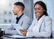 © peopleimages.com - Meeting, tablet and portrait of black woman in boardroom of office for corporate minutes or planning. Business, documents and technology with secretary in workplace for online research or report