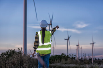 Wall Mural - Woman engineers with drawing against turbines on wind turbine farm.