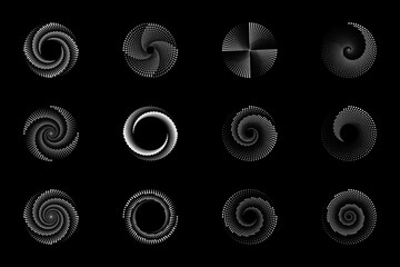 Swirl dotted halftone icons. Vortex digital futuristic logos set. Vector geometric shapes.