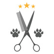 Illustration of hairdresser scissors and comb with paw prints on a white background.