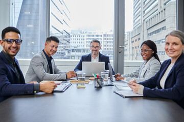 Aufkleber - Directors, portrait or happy business people in meeting for solution, planning or discussion of news. Problem solving, smile or proud staff in office for review, feedback or collaboration on laptop