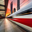 A lone figure stands on a platform in a modern Chinese cityscape, captivated by the trail of light left by a high-speed train disappearing into the sunset. A minimalist scene with pops of red.
