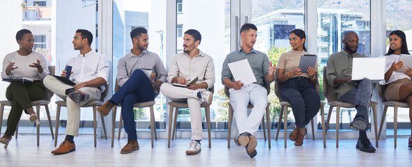 Canvas Print - Business people, waiting and job interview with recruitment, hiring or team in modern office. Staff, group or employees in room, nervous candidates or human resources with chairs, vacancy or patience