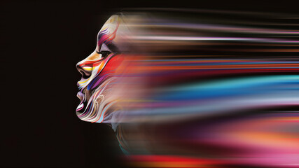 Wall Mural - Futuristic female face with colorful lines on a black background.