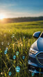 Sustainable Driving Solutions, Eco-Friendly Car Icon on Meadow Against Blue Sky