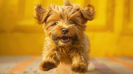 Wall Mural - An adorable dog full of infectious joy on a yellow background.