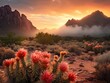 mist filled desert valley at sunset, red rock, blooming cacti