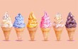 A row of colorful ice cream cones are lined up on a table by AI generated image