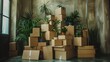 Cardboard boxes stacked in a messy pile in a vintage room. Moving day concept. Simple and rustic moving or storage scene with plants. AI