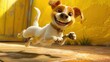A charming cartoon dog jumps with infectious joy on a yellow background.