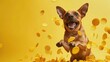 An adorable dog jumping full of joy along with potato chips on a yellow background.