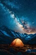 A glowing tent in the middle of a landscape under starry sky, with snowcapped mountains in background