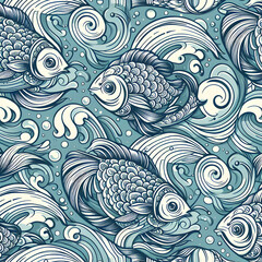 Wall Mural - pattern with fishes pattern, seamless, vector, design, floral, ornament, wallpaper, illustration,Ai generated 